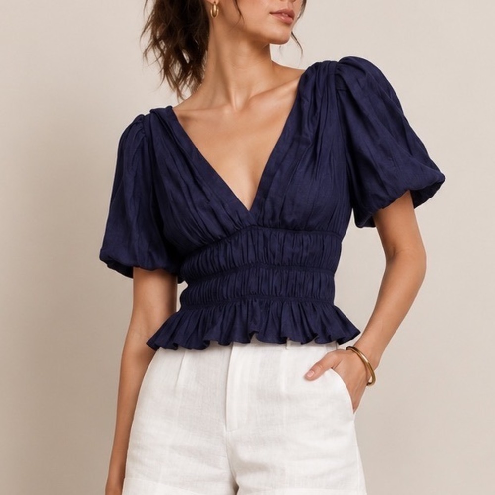 Posse Asher Top Womens XS Blue Puff Sleeve Smocked Peplum Cotton Navy Romantic